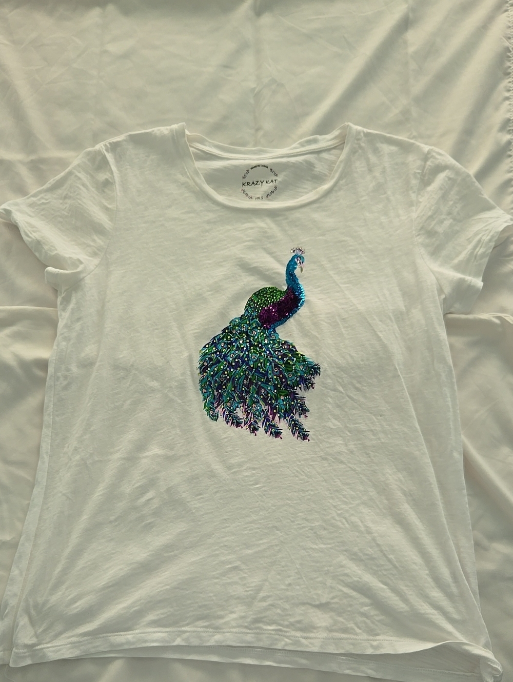 krazy kat White Tee with Blue-Green-Purple Embellished Peacock